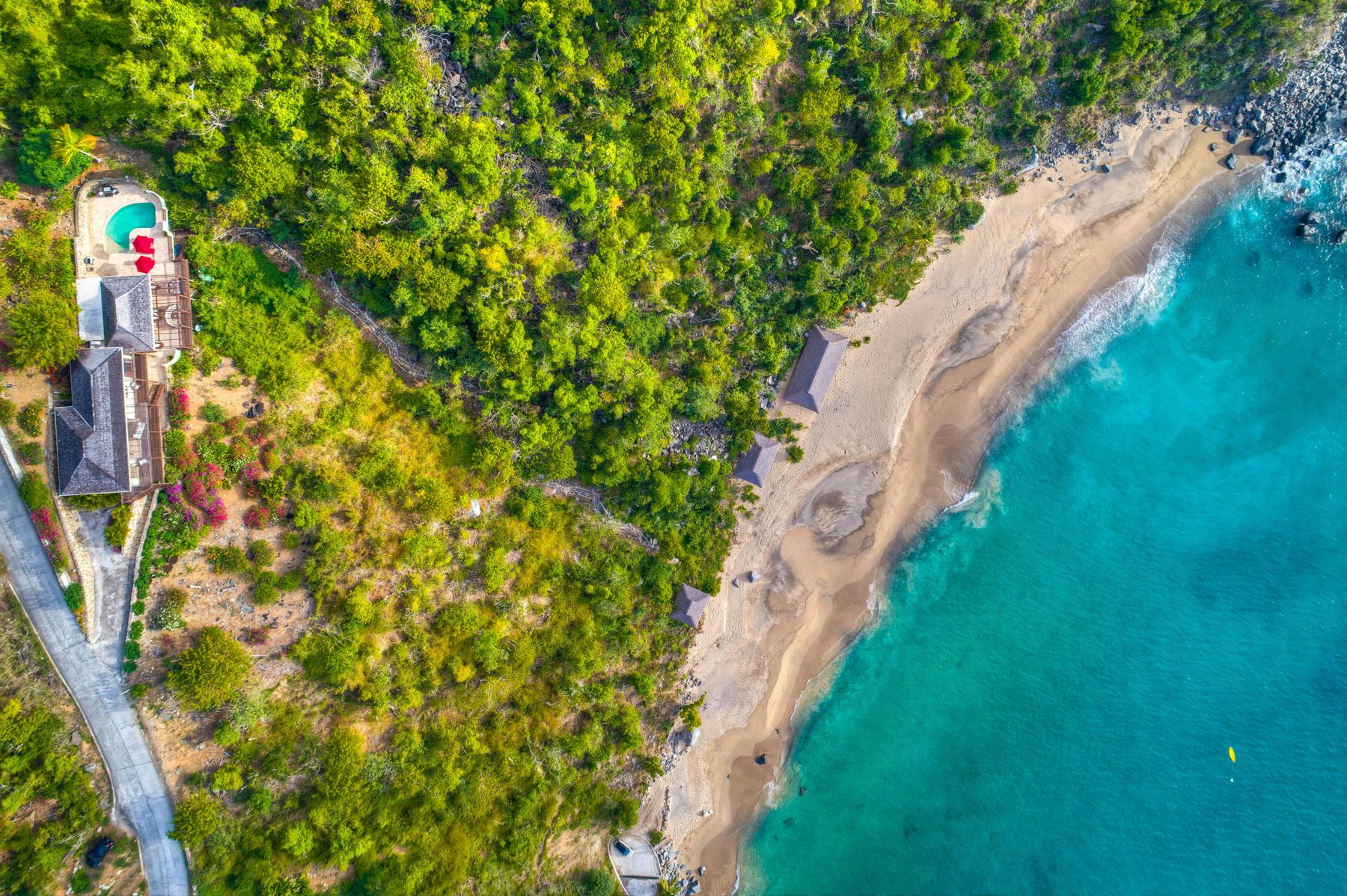 Aerial view of the villa, pool and pathway down to Mountain Trunk Bay